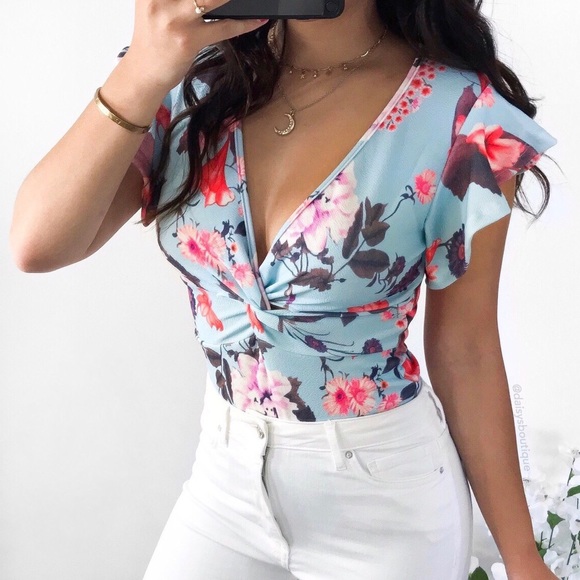 Daisys Boutique Tops - blue and pink floral twisted front ruffle bodysuit